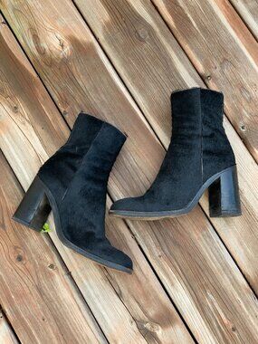 Vtg Free Lance Ankle Boots 38 7.5 Black Pony Hair Square Toe Block Heel Side Zip